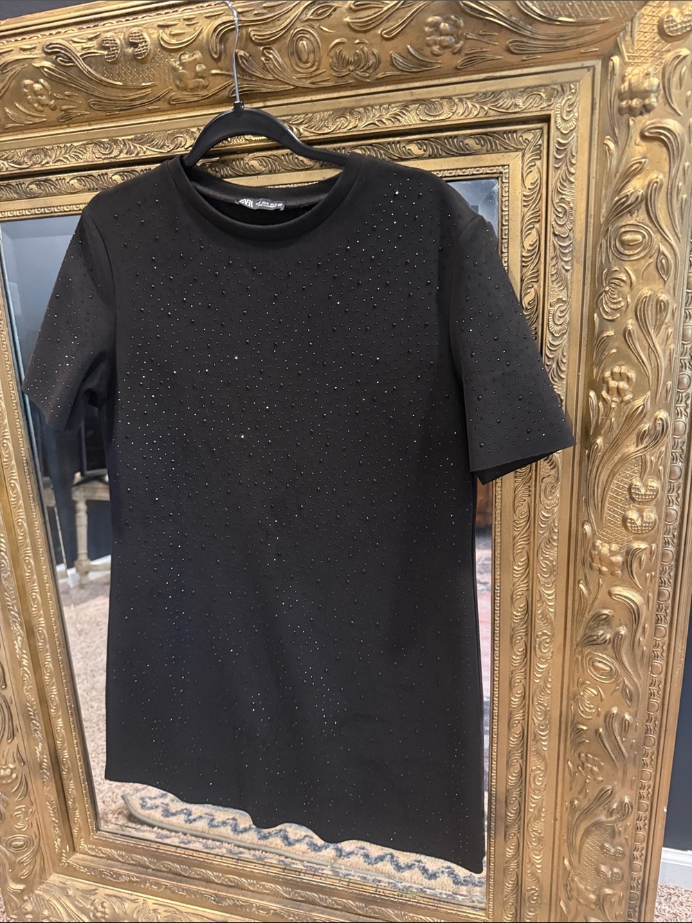 Zara Black Short-Sleeve shift dress with Sparkle Detail